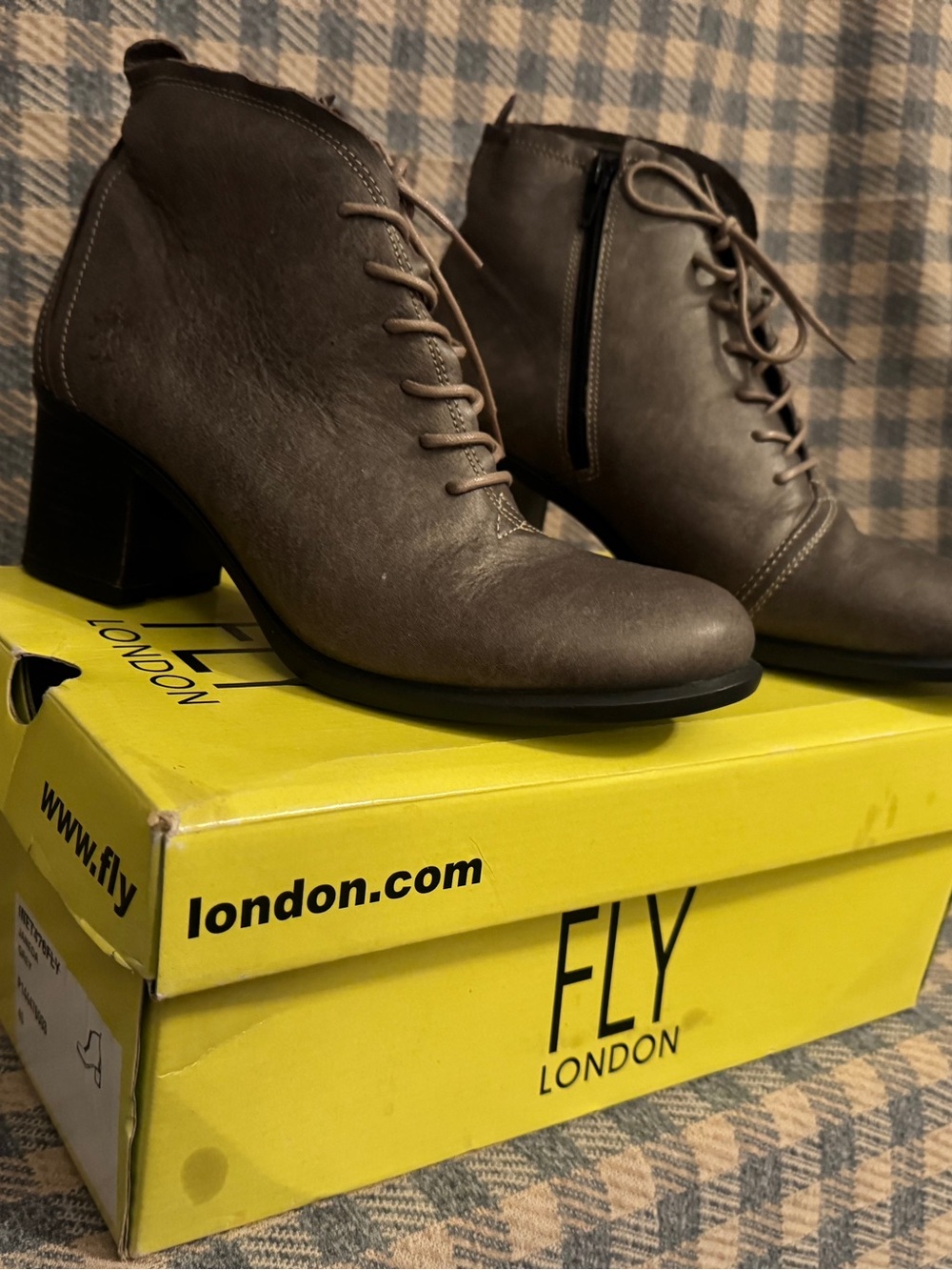 Fly London Taupe Lace-Up Block Heel Ankle Boots